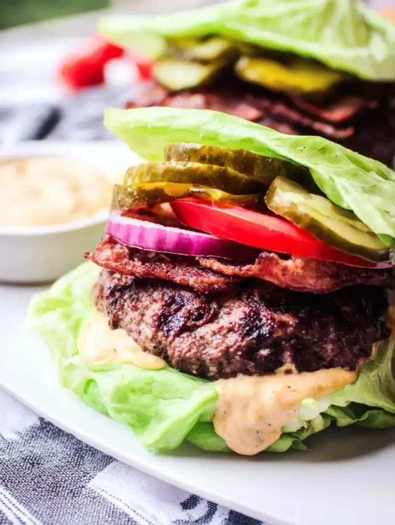 Keto burger recipe wrapped in lettuce with beef patty, bacon, pickles, tomato, and sauce